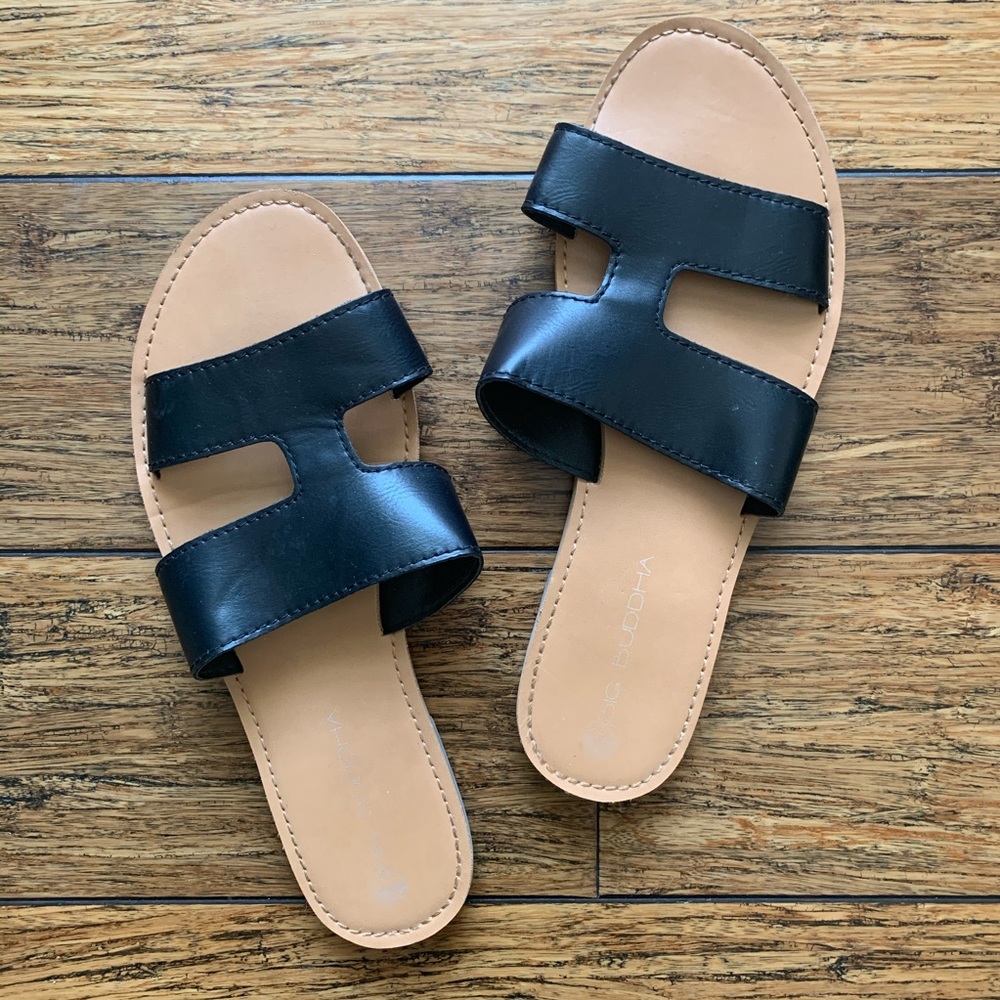 Black Faux Leather Open Slide Sandals - Picture 1 of 4